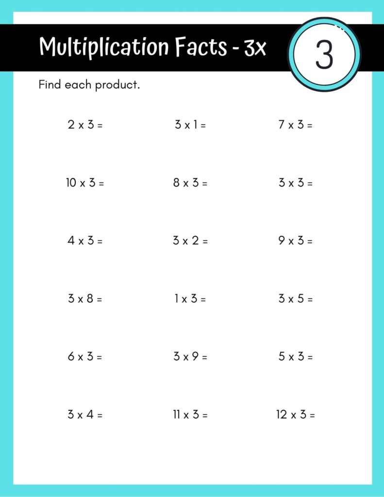 A multiplication worksheet titled “Multiplication Facts - 3x” with 18 unsolved multiplication problems arranged in three columns and six rows.