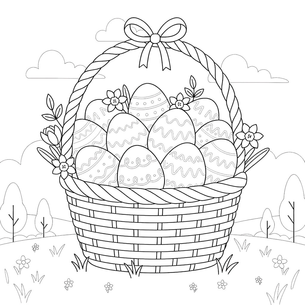 Black-and-white coloring page showing a woven basket filled with patterned Easter eggs, topped with a bow and surrounded by flowers, clouds, and a simple landscape.
