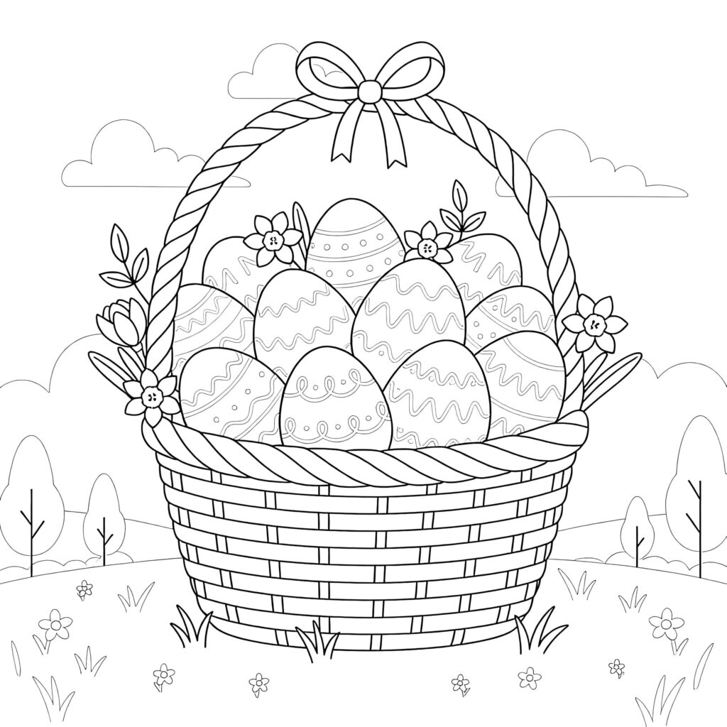 Black-and-white Easter coloring page featuring a woven basket filled with patterned eggs, decorated with a bow and flowers against a simple outdoor scene.