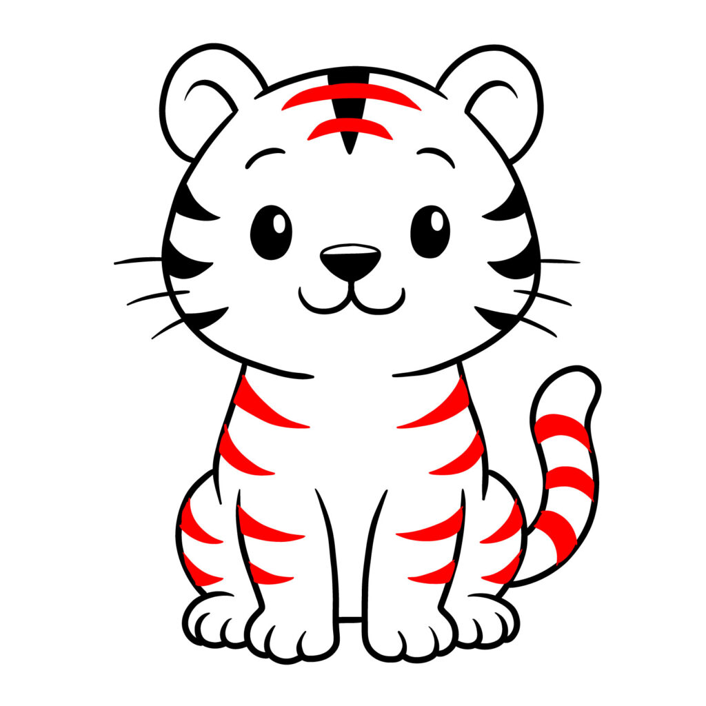 A simple cartoon tiger sits facing forward, with black outlines, red stripes, rounded paws, and a curved striped tail.