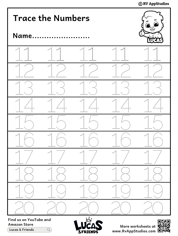 A number-tracing worksheet titled “Trace the Numbers,” with rows of dotted numerals 11 through 20 to trace and a line for the student’s name.