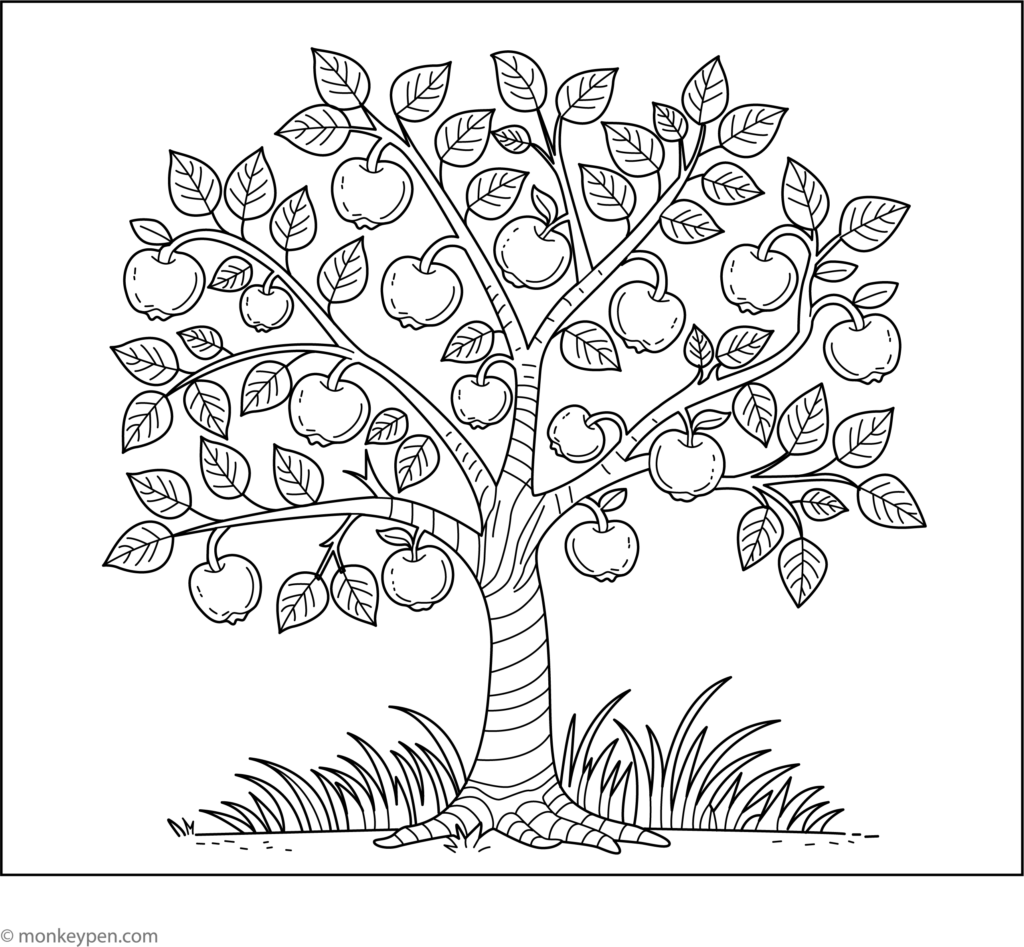 Black-and-white coloring page of an apple tree with many apples, leafy branches, a striped trunk, and grass at its base.