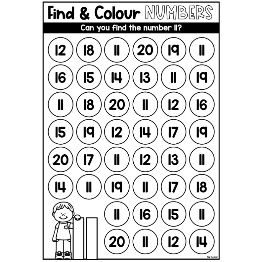Black-and-white number-finding worksheet with rows of numbered circles and a child holding a crayon; the prompt asks students to find 11.