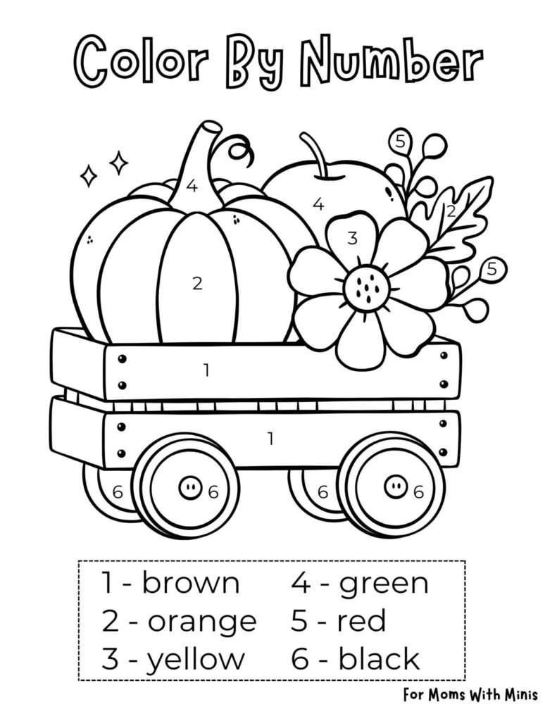 Fall color-by-number worksheet showing a wagon filled with pumpkins, a flower, and foliage, with numbered regions and a color key.
