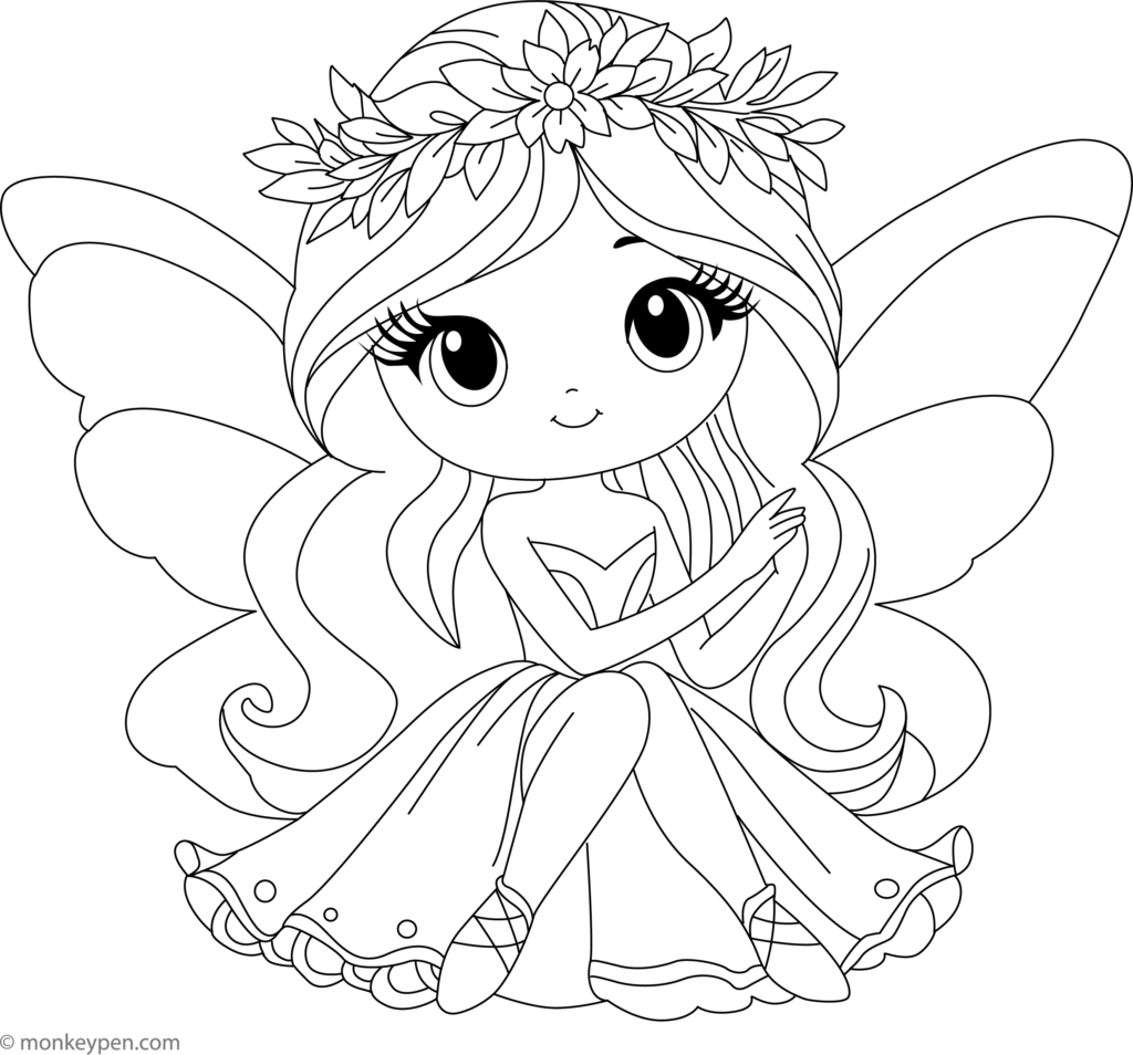 A smiling fairy with large wings, long flowing hair, a flower crown, and a layered dress sits with her legs crossed, drawn in uncolored outlines.
