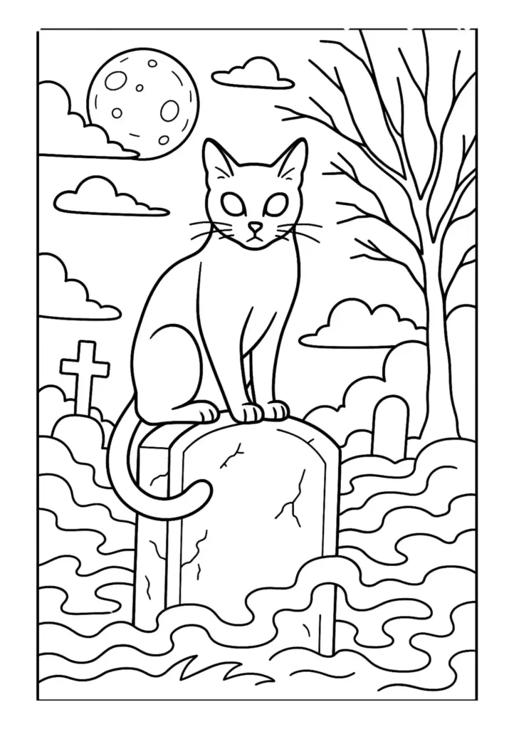 Black-and-white coloring page of a cat sitting on a gravestone, surrounded by bare trees, clouds, a moon, and other grave markers.