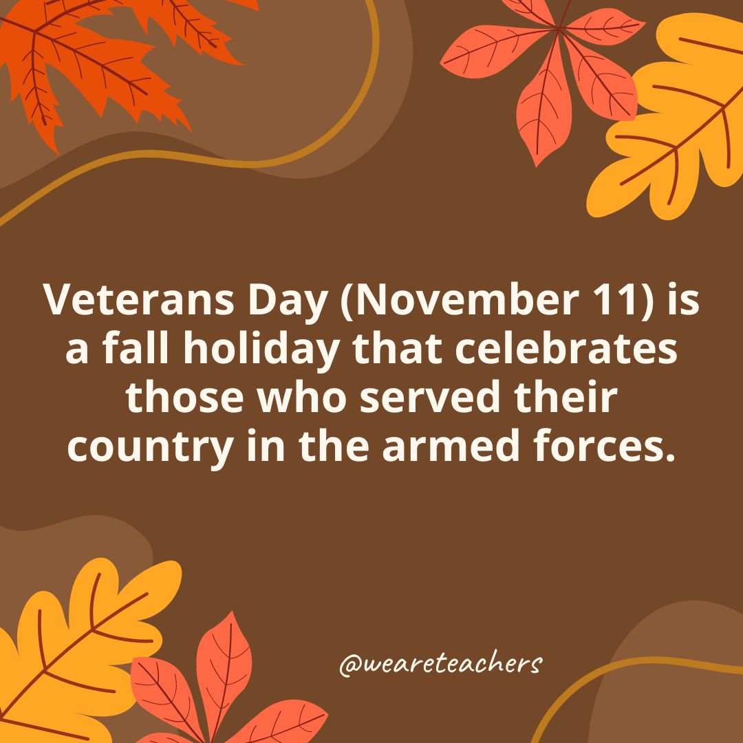 Autumn-themed graphic stating that Veterans Day, November 11, celebrates those who served their country in the armed forces.