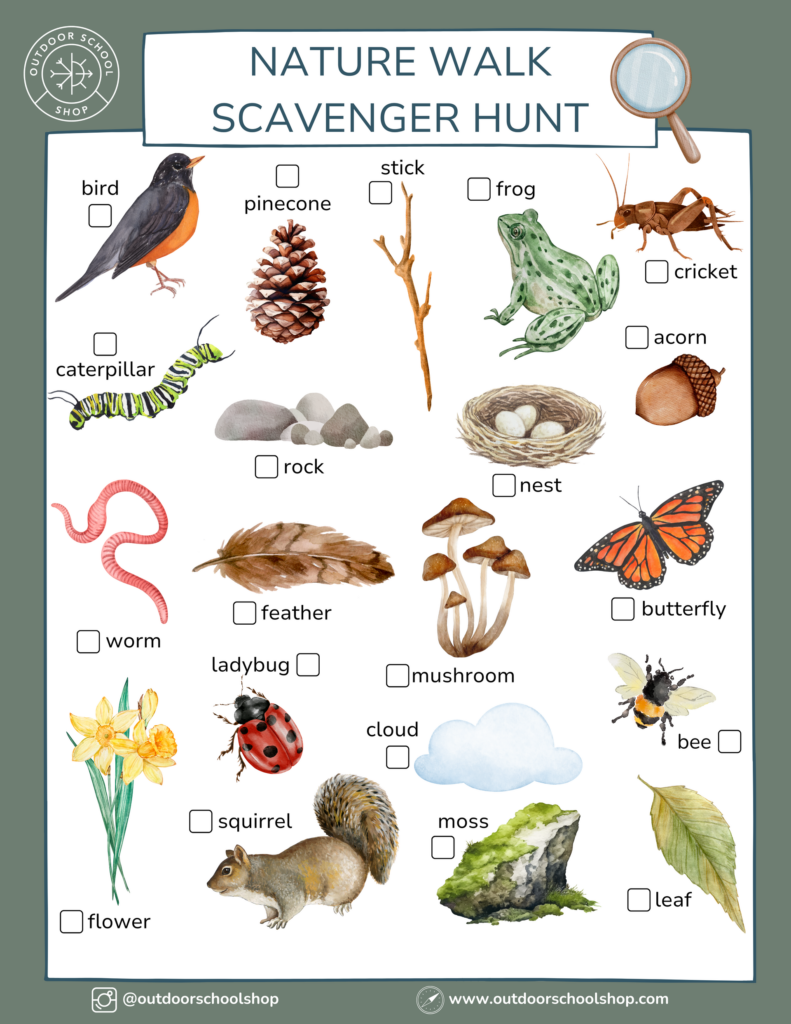 A nature scavenger hunt worksheet with labeled illustrations of a bird, pinecone, stick, frog, cricket, acorn, caterpillar, rocks, nest, worm, feather, mushrooms, butterfly, flowers, ladybug, bee, squirrel, cloud, moss, and leaf, each paired with a checkbox.