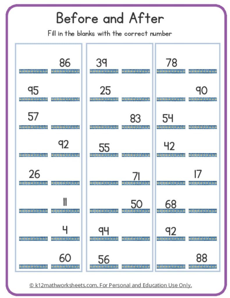 A “Before and After” math worksheet with three columns of number prompts and paired blanks for students to write the preceding and following numbers.