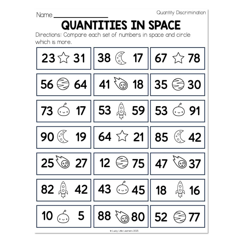 A quantity discrimination worksheet titled “Quantities in Space” shows rows of number pairs separated by space-themed icons, with directions to circle which number is more.