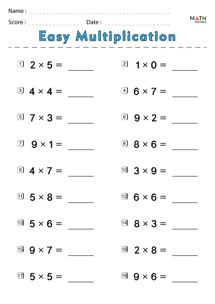 An easy multiplication worksheet with 18 numbered single-digit multiplication problems and blank lines for answers; name, score, and date fields appear at the top.
