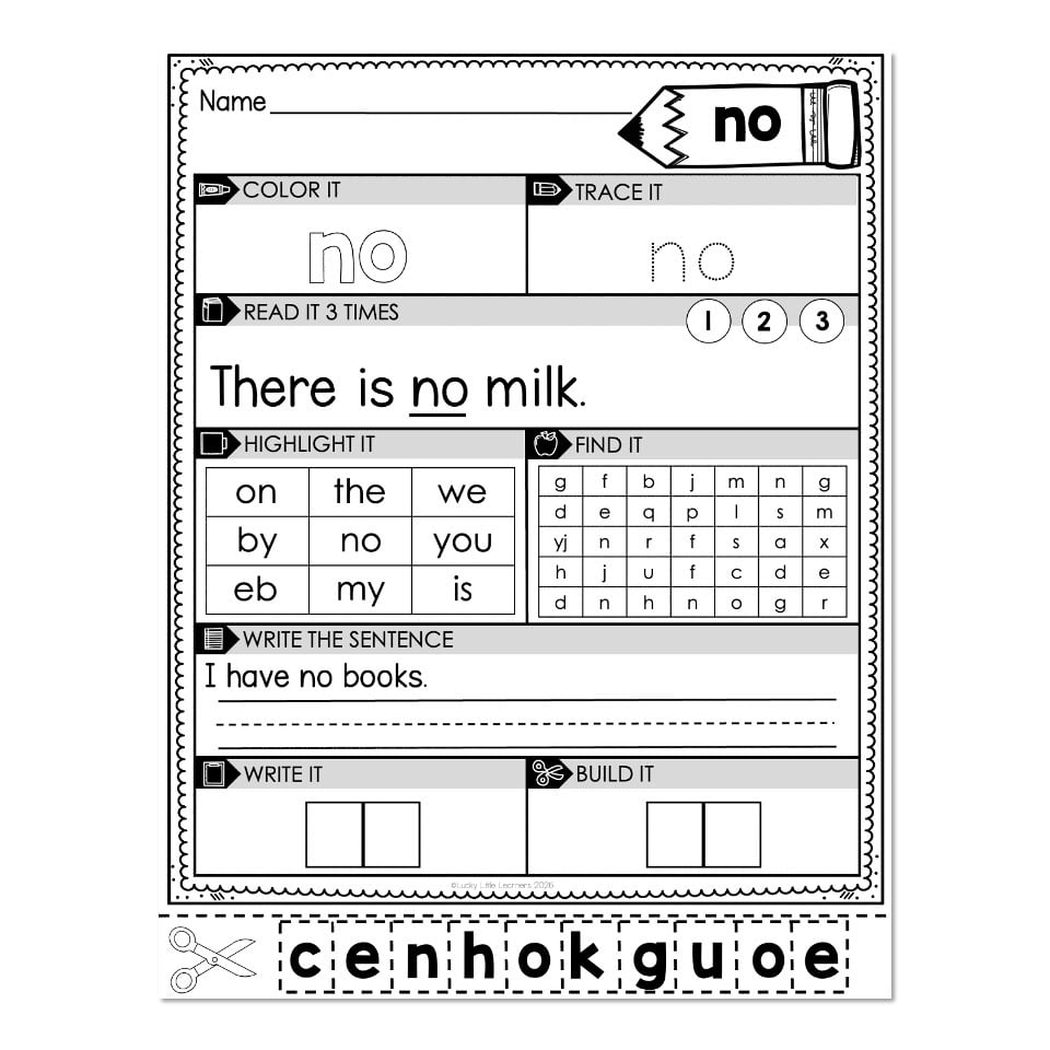 A literacy worksheet for the word “no,” with coloring and tracing sections, the sentence “There is no milk,” a word grid, and sentence-writing activities.