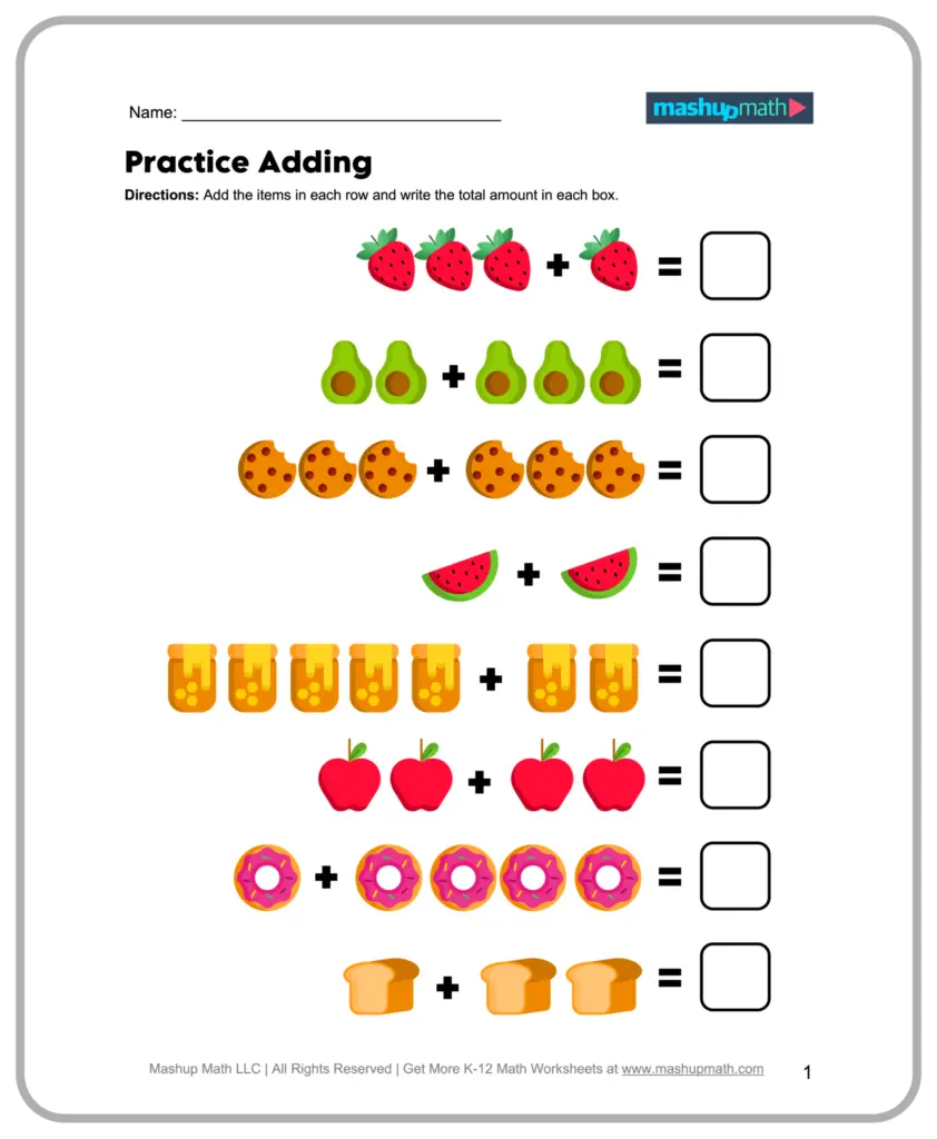 Addition practice worksheet showing groups of fruit, cookies, jars, apples, doughnuts, and bread to add, with blank answer boxes.