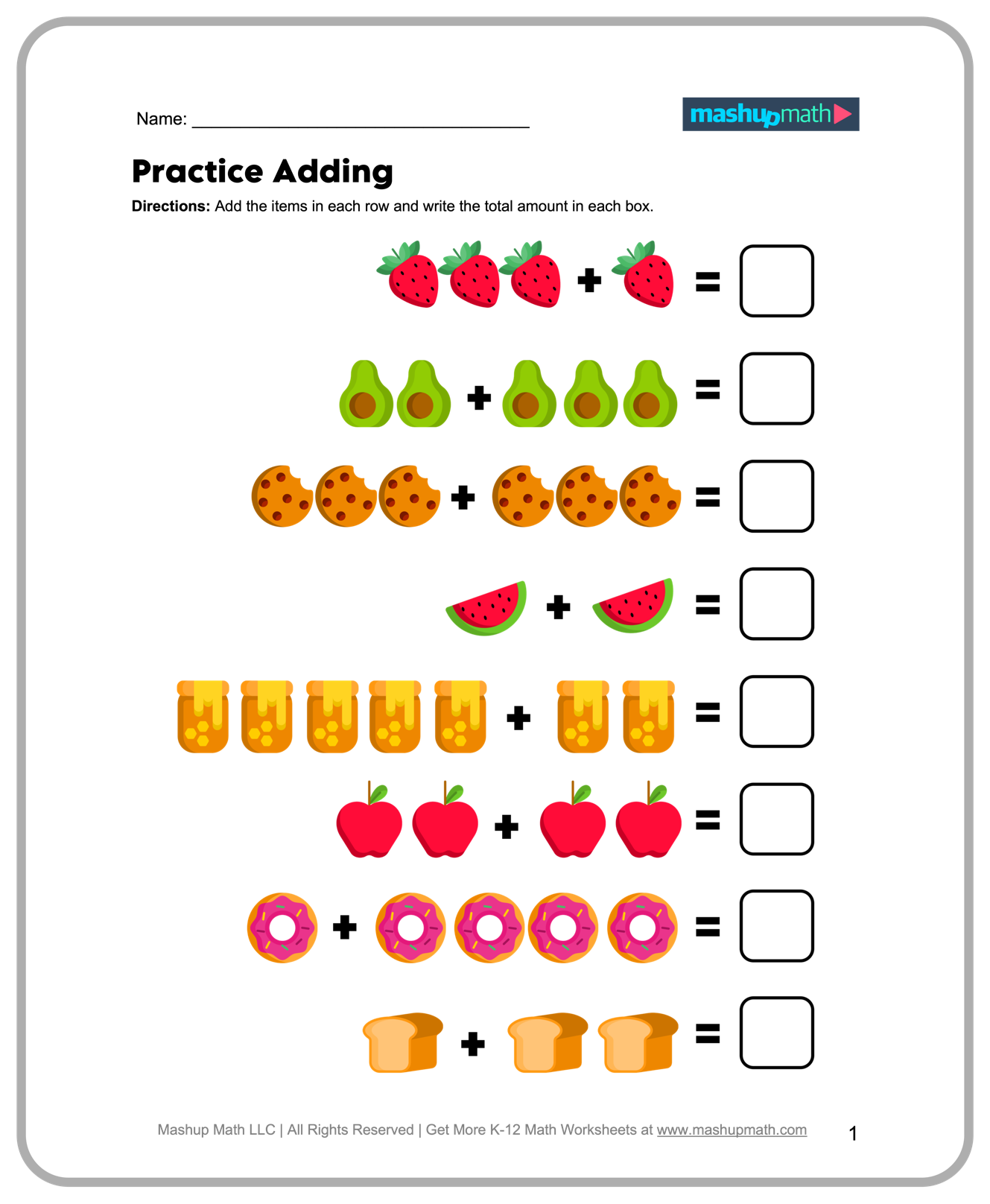 Addition practice worksheet showing groups of fruit, cookies, jars, apples, doughnuts, and bread to add, with blank answer boxes.