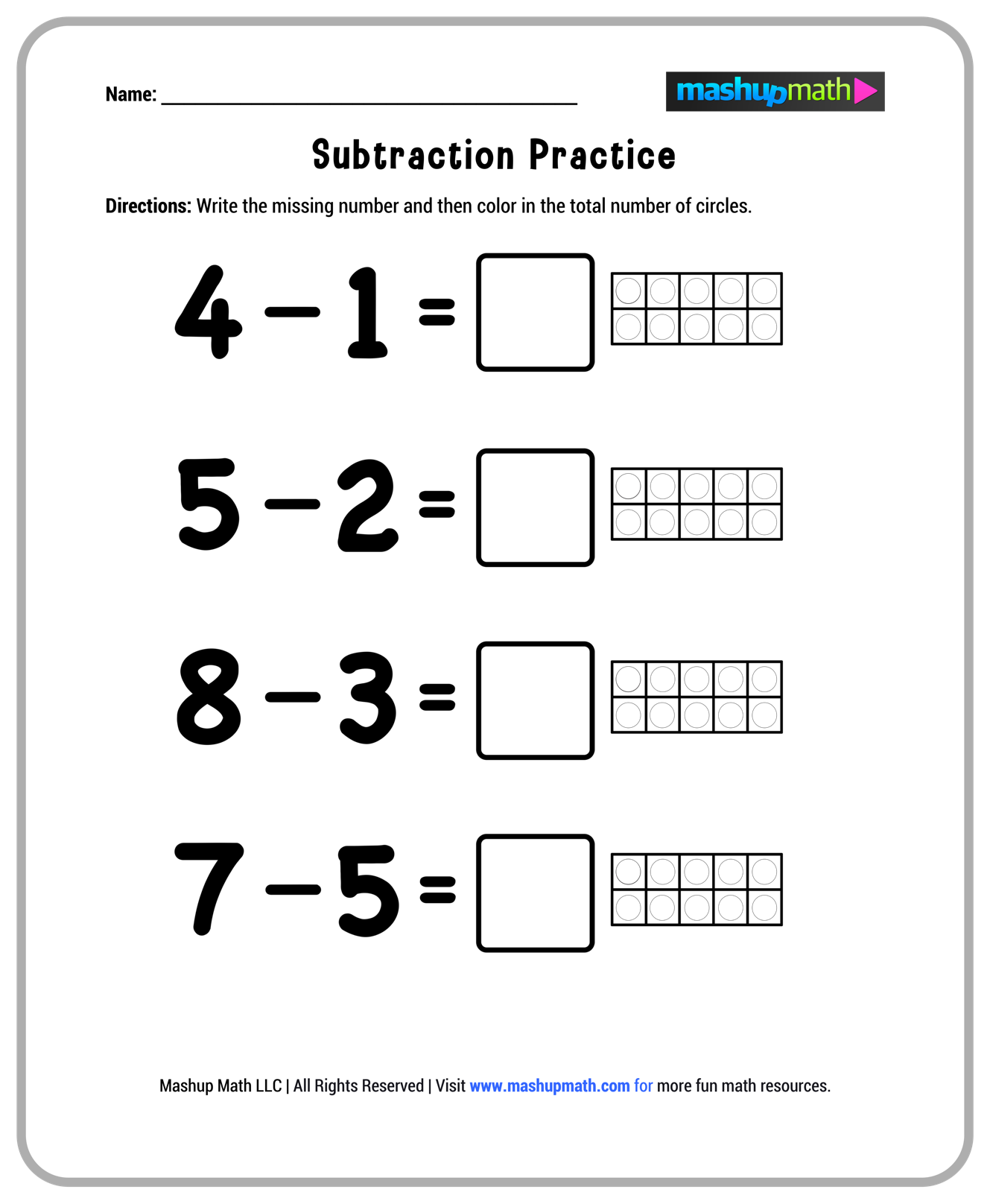 A subtraction practice worksheet with four problems—4−1, 5−2, 8−3, and 7−5—each with a blank answer box and a ten-frame for coloring circles.