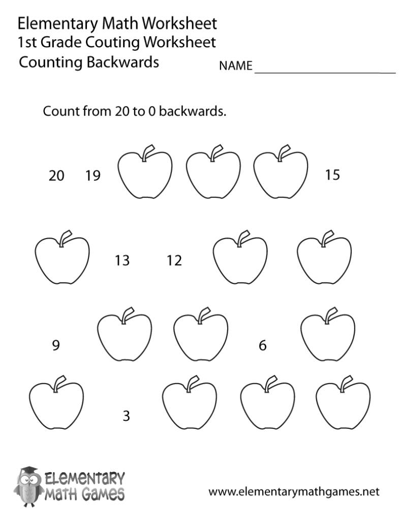 A first-grade worksheet asks students to count backward from 20 to 0, filling in missing numbers among rows of apple outlines.