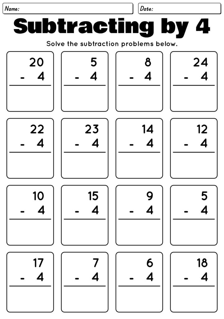 A subtraction worksheet titled “Subtracting by 4,” with 16 vertical subtraction problems and blank spaces for answers.