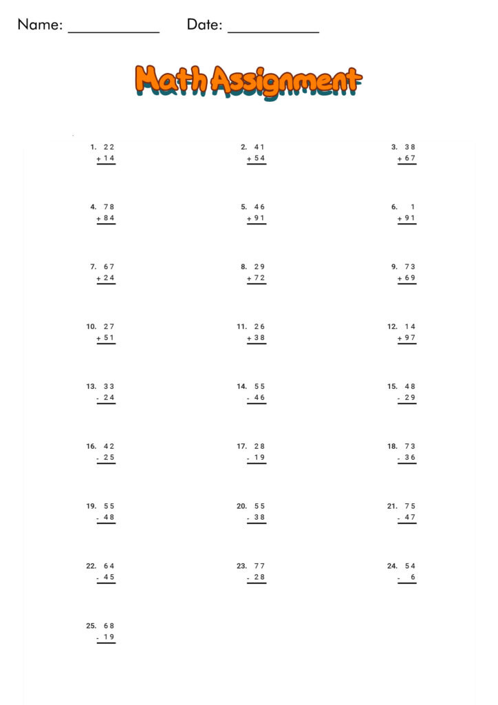 A first-grade math assignment worksheet with name and date lines and 25 numbered vertical two-digit addition and subtraction problems.