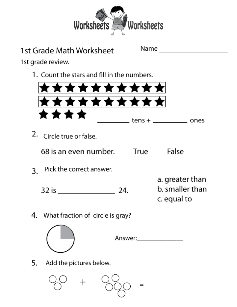 First-grade math review worksheet with star counting, number questions, a shaded-circle fraction, and picture addition using circles.