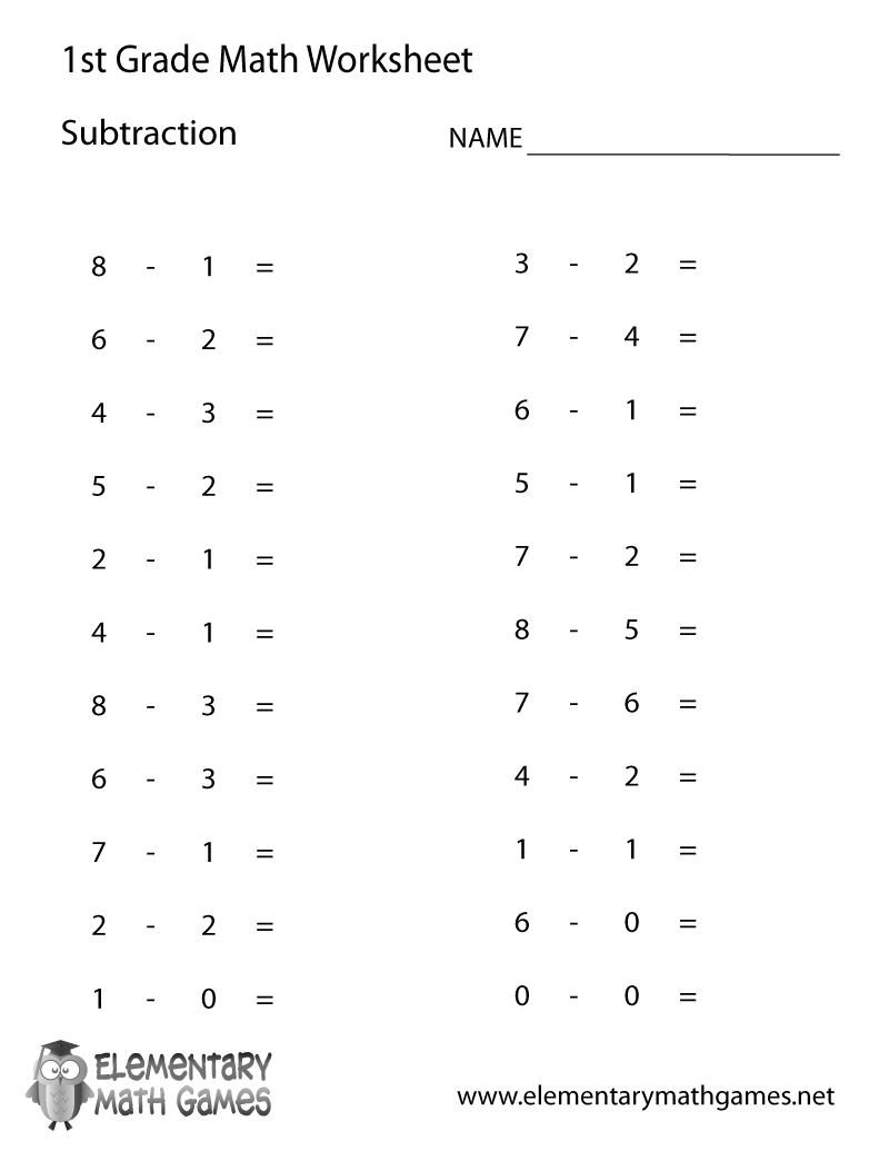 First-grade subtraction worksheet with two columns of single-digit subtraction problems, a name line, and an Elementary Math Games footer.