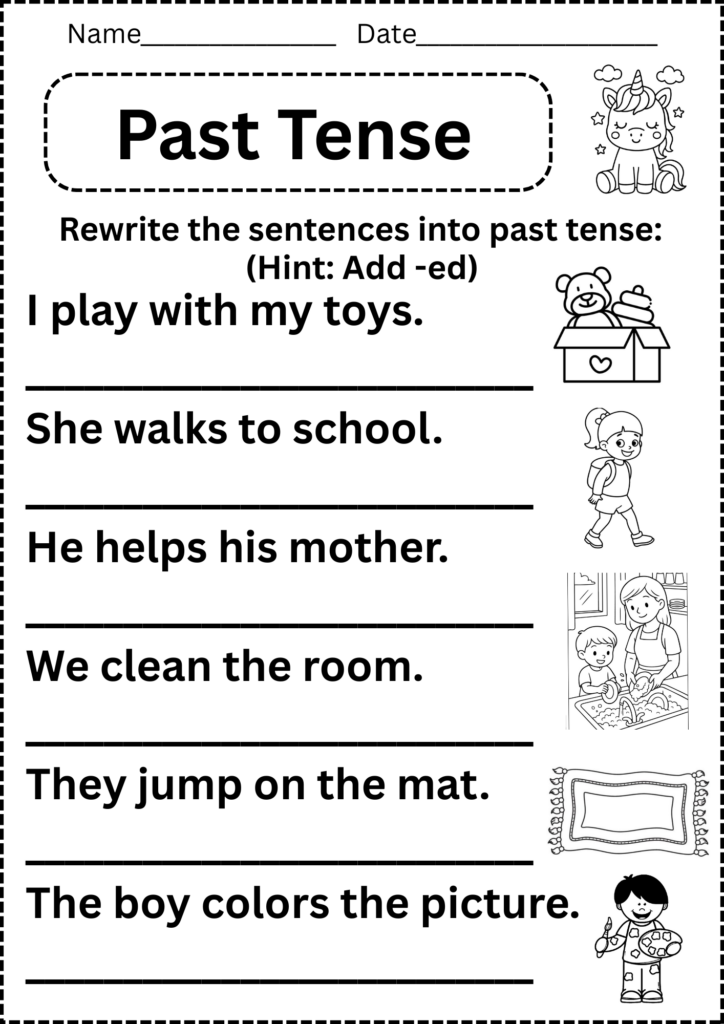 A past-tense grammar worksheet with six sentences to rewrite, answer lines, and small illustrations of children and toys.