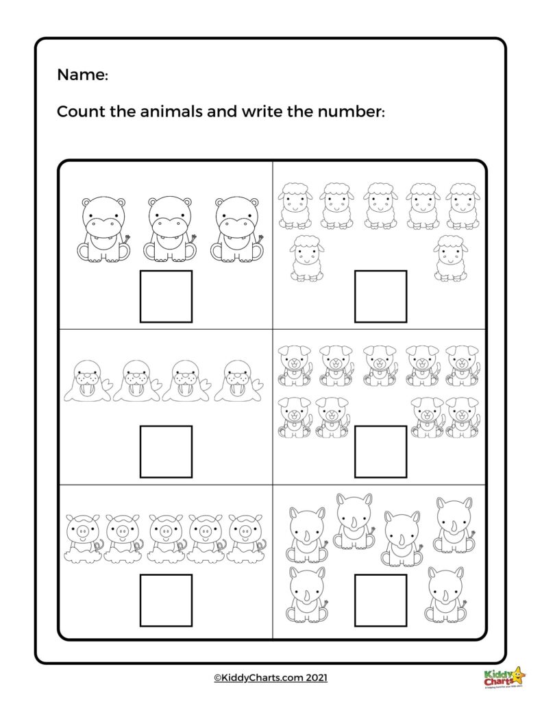 A counting worksheet with six panels of animal illustrations, each paired with an empty answer box, asks children to count the animals and write the number.