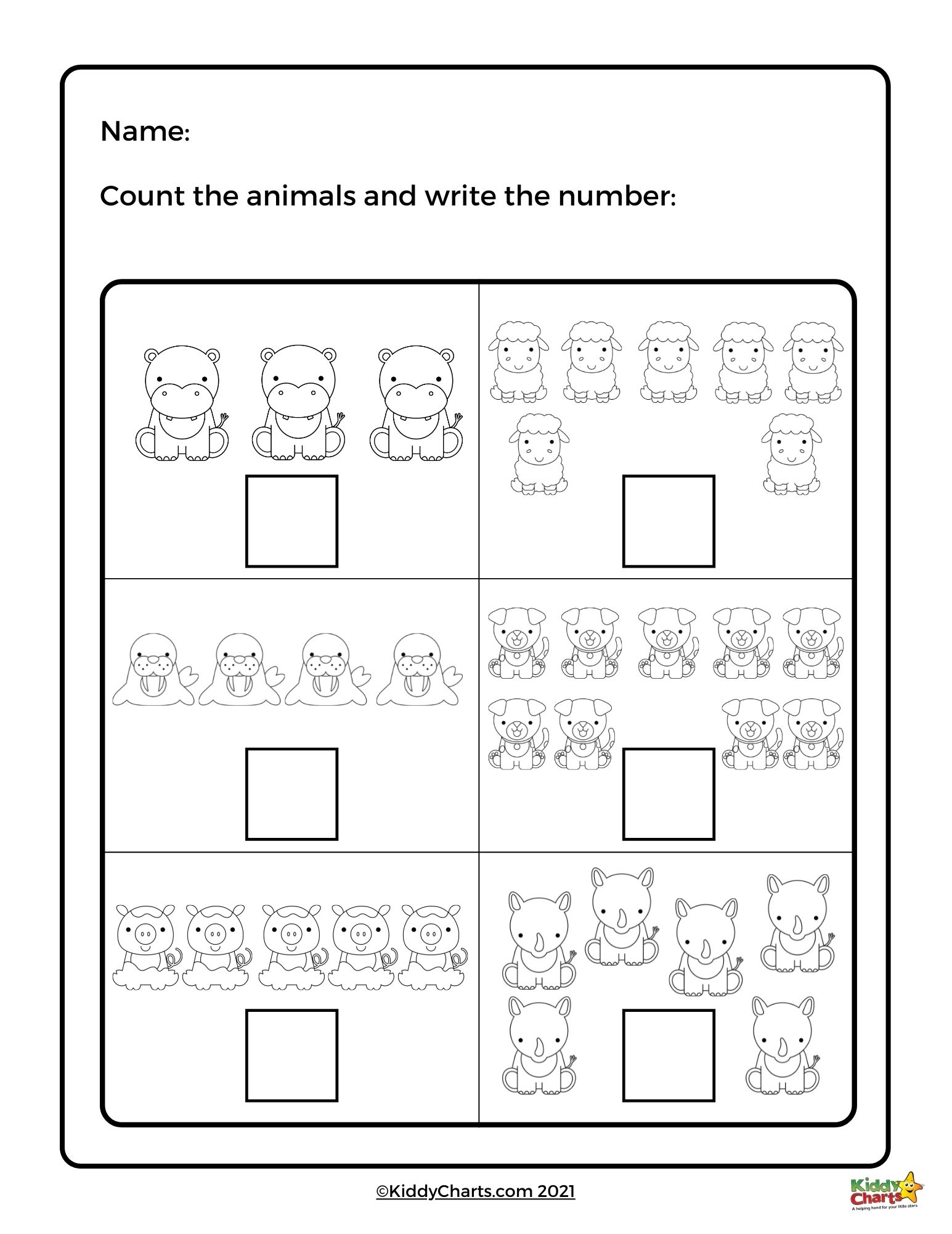 A counting worksheet with six panels of animal illustrations, each paired with an empty answer box, asks children to count the animals and write the number.