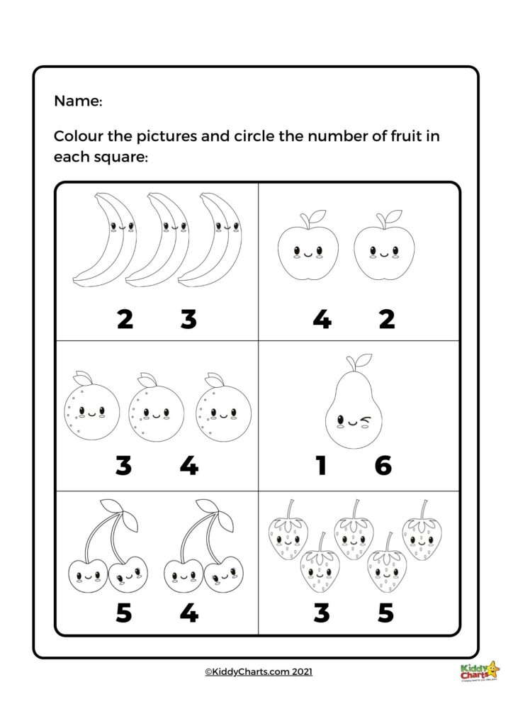 Preschool worksheet with fruit pictures and pairs of numbers to circle: bananas, apples, oranges, a pear, cherries, and strawberries.