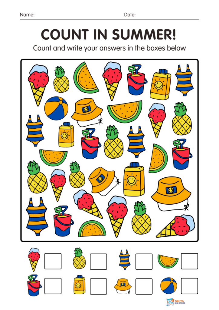 A summer counting worksheet titled “Count in Summer!” shows repeated beach items, including ice cream cones, pineapples, swimsuits, watermelon, buckets, sunscreen, hats, and beach balls, with blank answer boxes below.