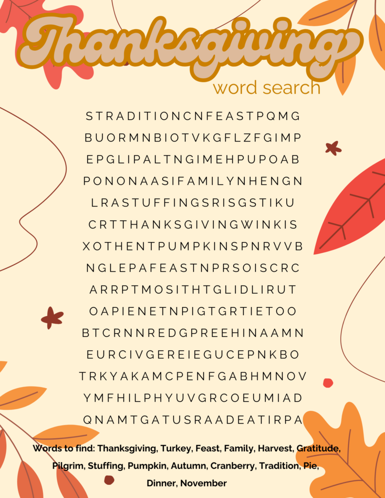 Thanksgiving word-search worksheet with a letter grid and a list of words including Turkey, Feast, Family, Harvest, Pumpkin, and November.