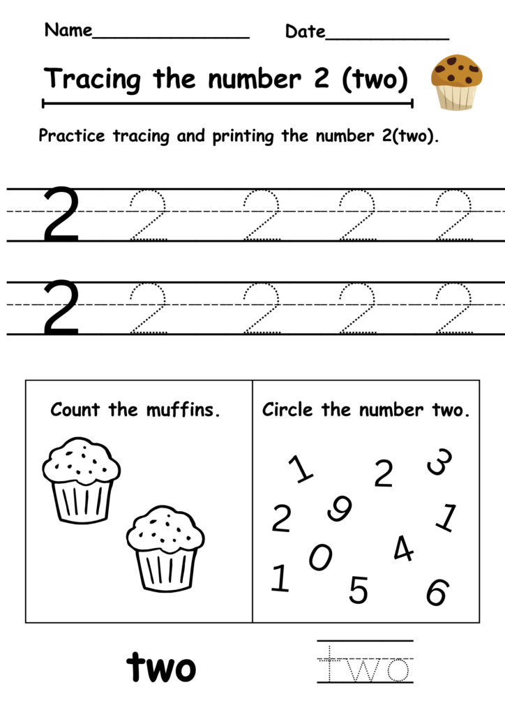 A number 2 practice worksheet with dotted numeral tracing rows, two muffins to count, scattered digits for circling the twos, and the word “two” to trace.