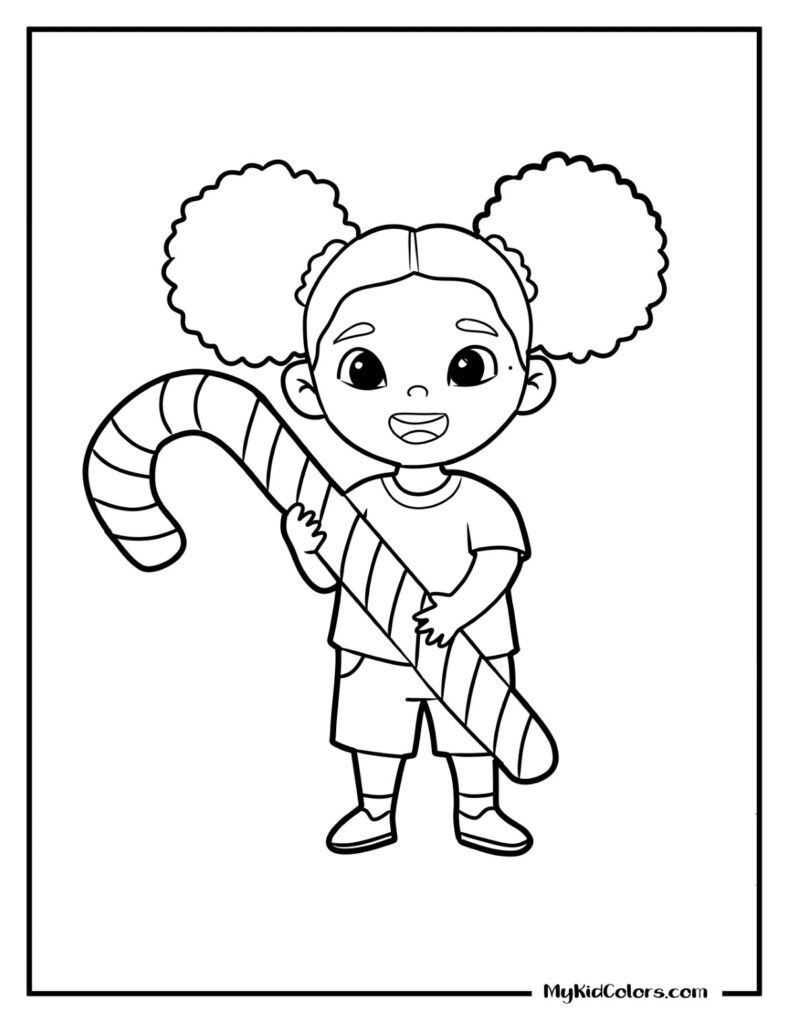 A smiling child with puff ponytails holds a large striped candy cane in a black-and-white outline coloring page.