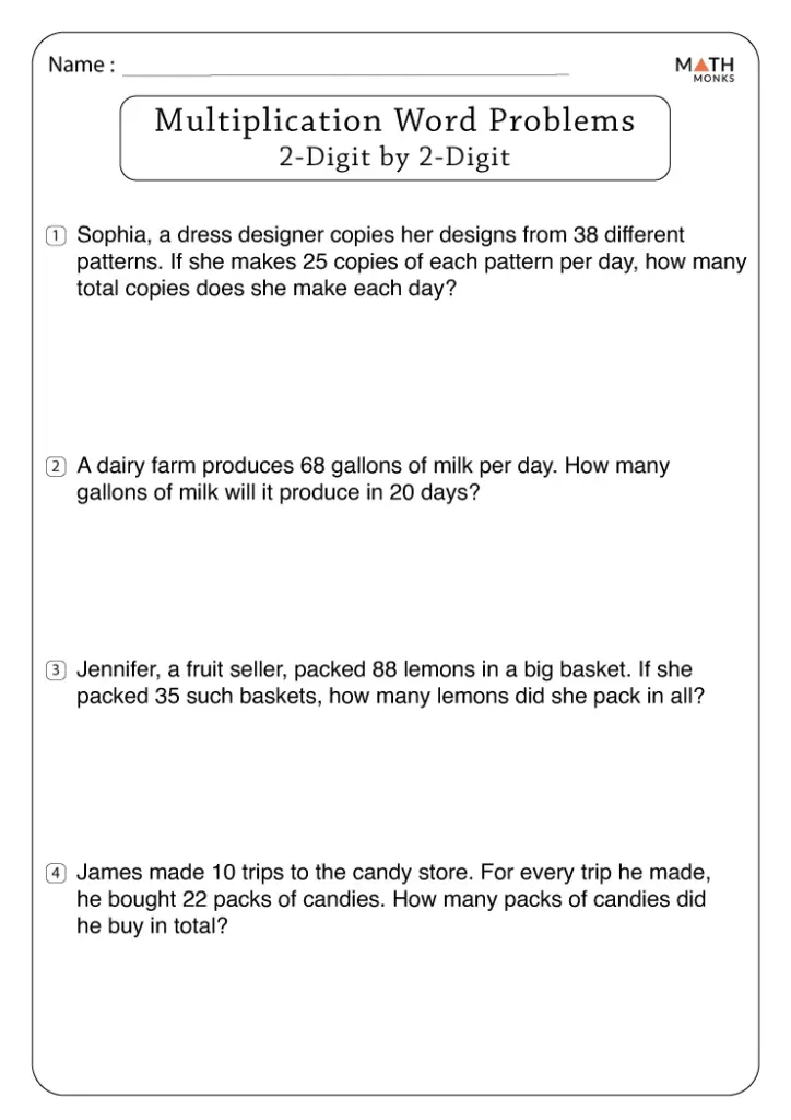 A worksheet titled “Multiplication Word Problems: 2-Digit by 2-Digit,” with four problems about patterns, milk, lemons, and candy.
