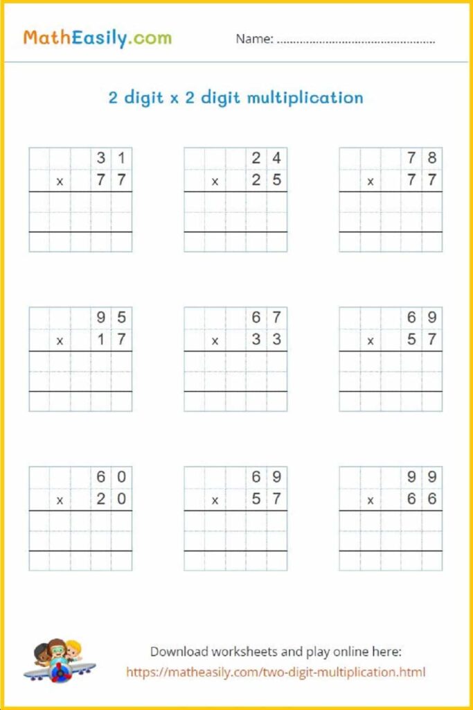 A two-digit multiplication worksheet with nine problems arranged in a grid, each with blank calculation boxes. A title, name line, and small illustration appear above and below the problems.