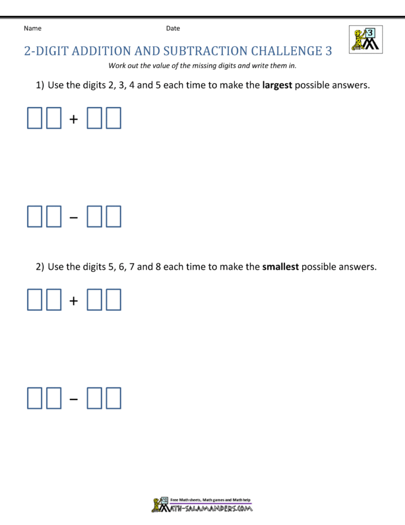 A worksheet titled “2-Digit Addition and Subtraction Challenge 3” has blank two-digit boxes for addition and subtraction problems, with instructions to use specified digits to make the largest or smallest answers.