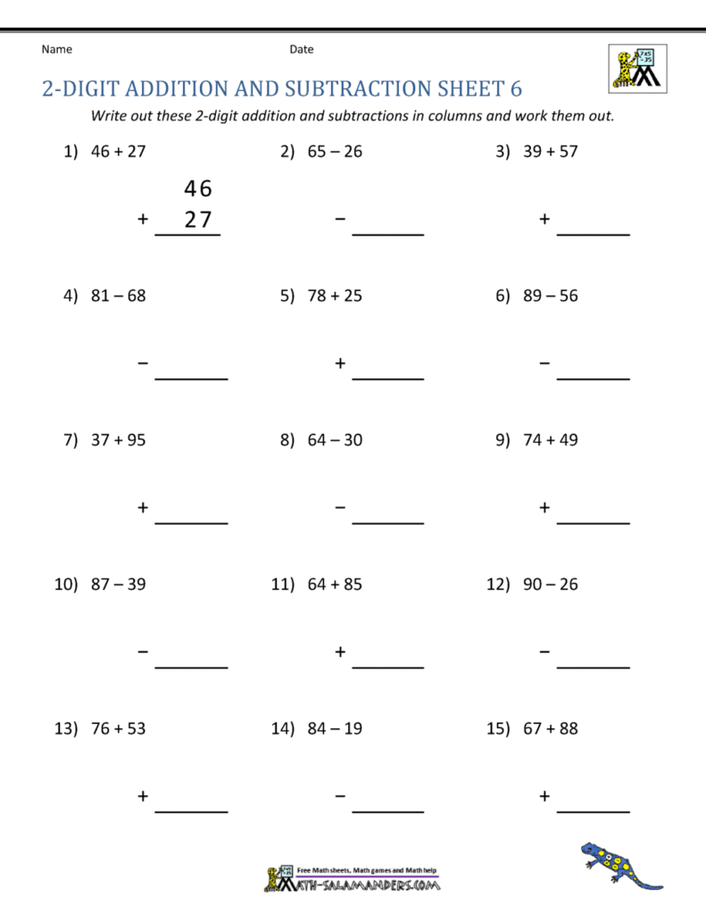 A two-digit addition and subtraction worksheet with 15 numbered problems, spaces for setting up calculations in columns, and answer lines.