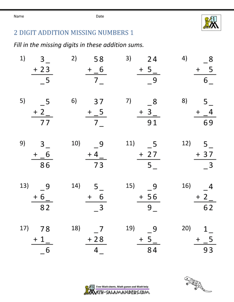 A two-digit addition worksheet with 20 vertical sums containing missing digits for students to complete.
