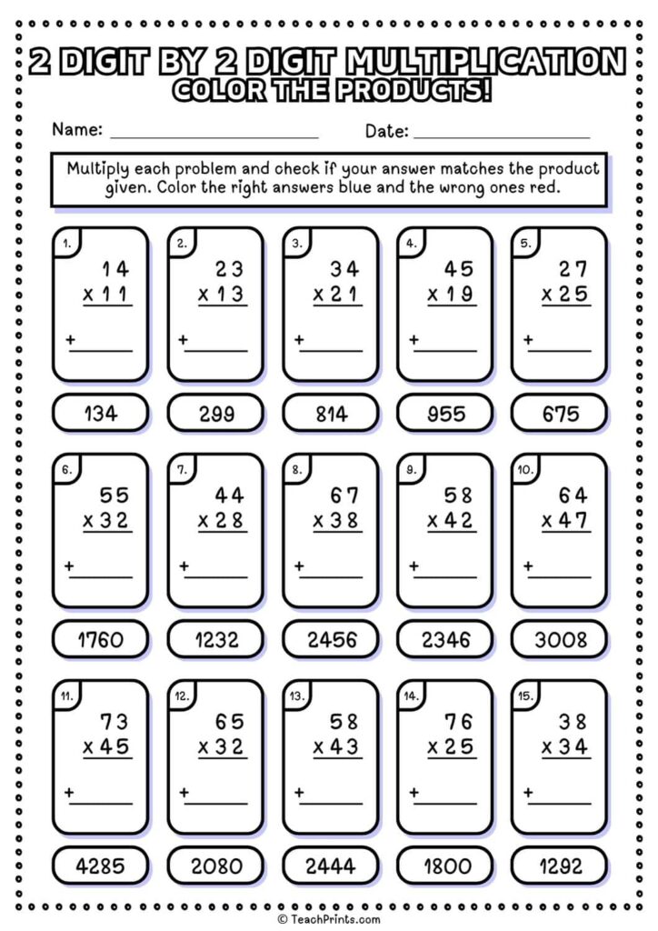 A two-digit multiplication worksheet with 15 problems, blank work lines, and answer choices to color blue or red.
