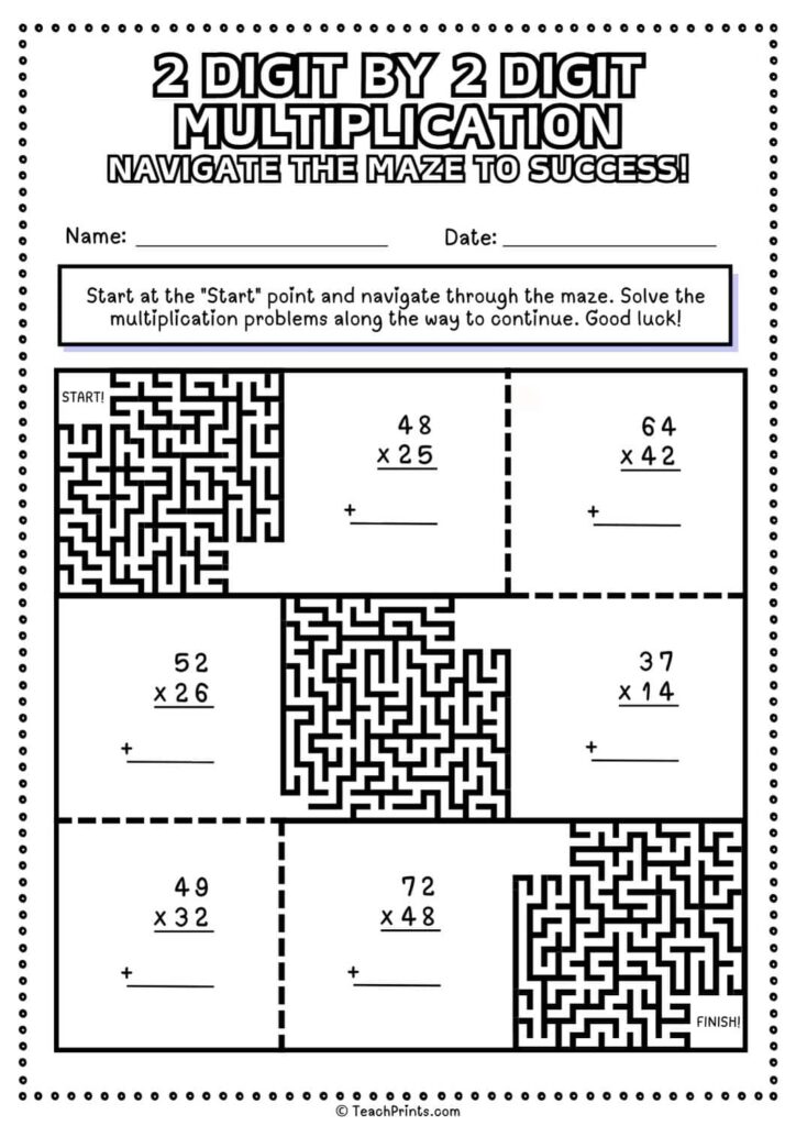 A black-and-white multiplication maze worksheet with several two-digit multiplication problems, answer lines, and a start-to-finish path.