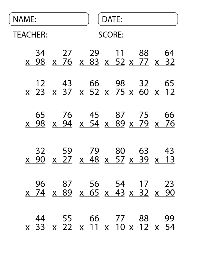 A two-digit multiplication worksheet with name, date, teacher, and score fields, arranged in rows of vertical multiplication problems.