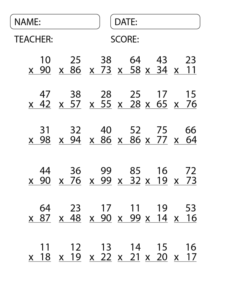 A two-digit multiplication worksheet with name, date, teacher, and score fields, featuring rows of vertical multiplication problems.