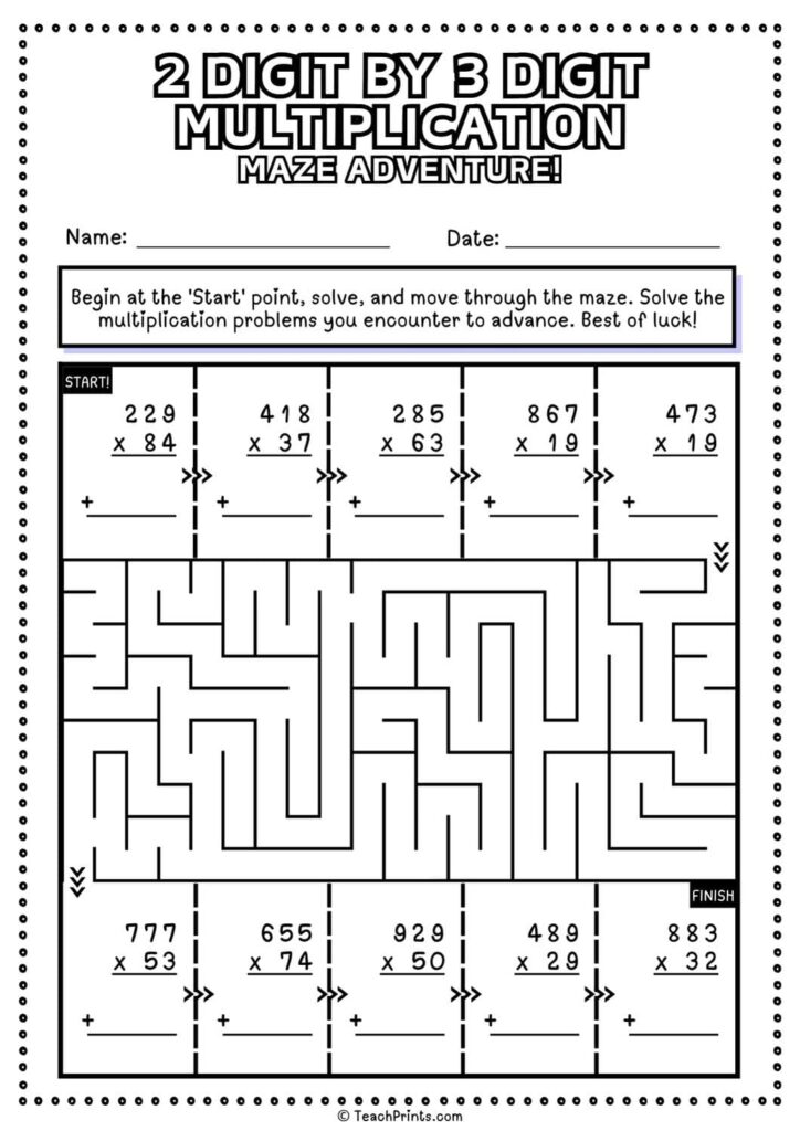 A black-and-white two-digit multiplication maze worksheet with start and finish markers, numbered problem boxes, and blank answer lines.