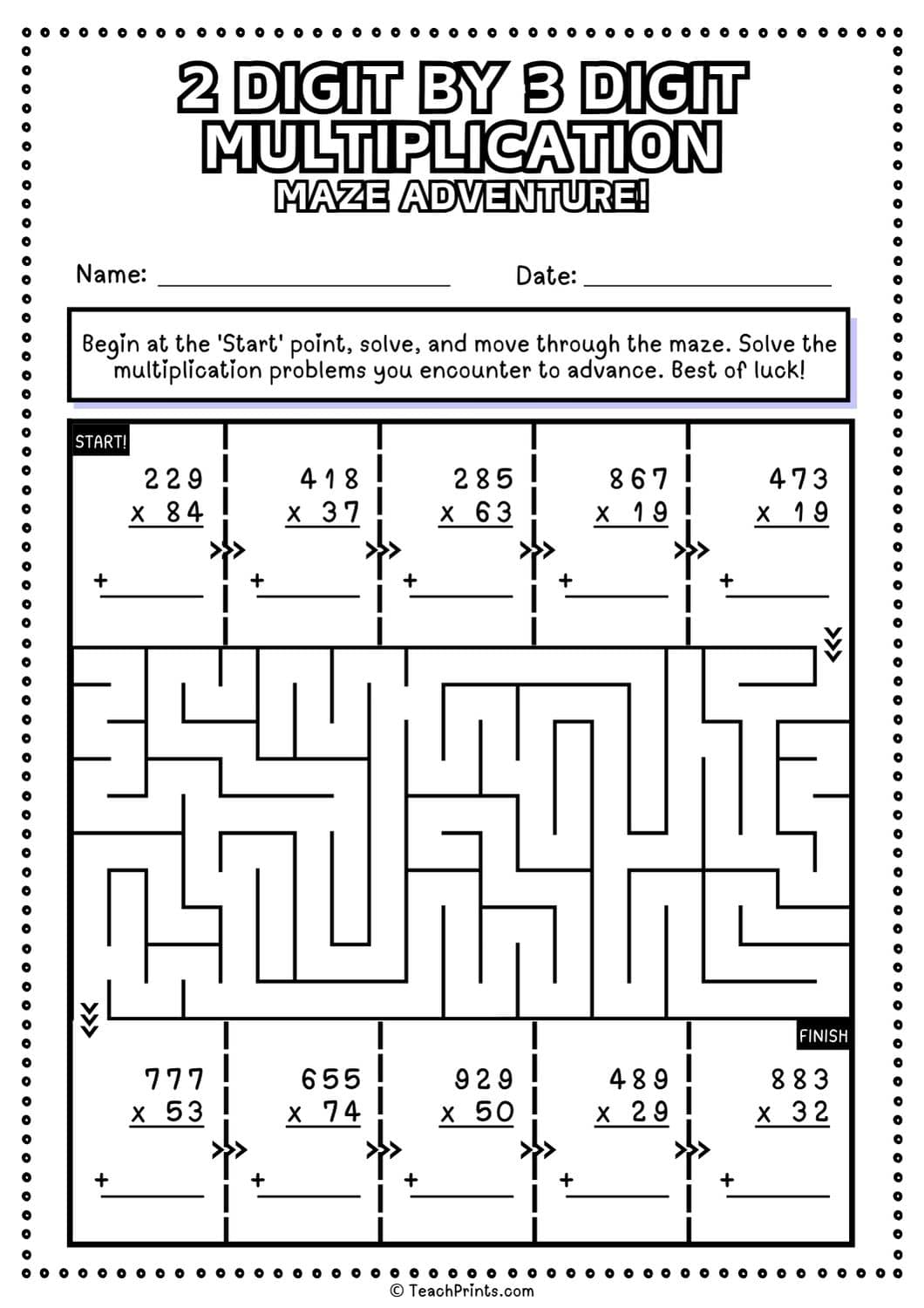 A black-and-white two-digit multiplication maze worksheet with start and finish markers, numbered problem boxes, and blank answer lines.