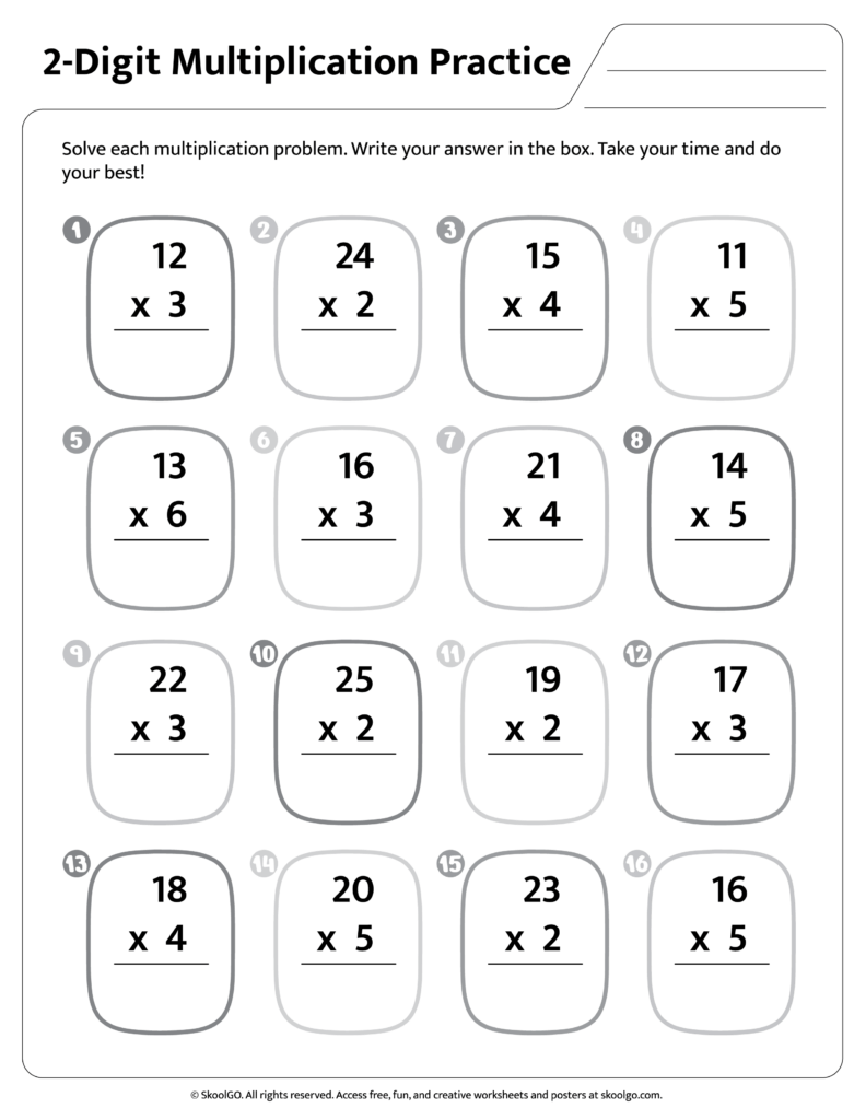 A 2-digit multiplication practice worksheet with 16 numbered problems, each showing a multiplication expression and a blank line for the answer.