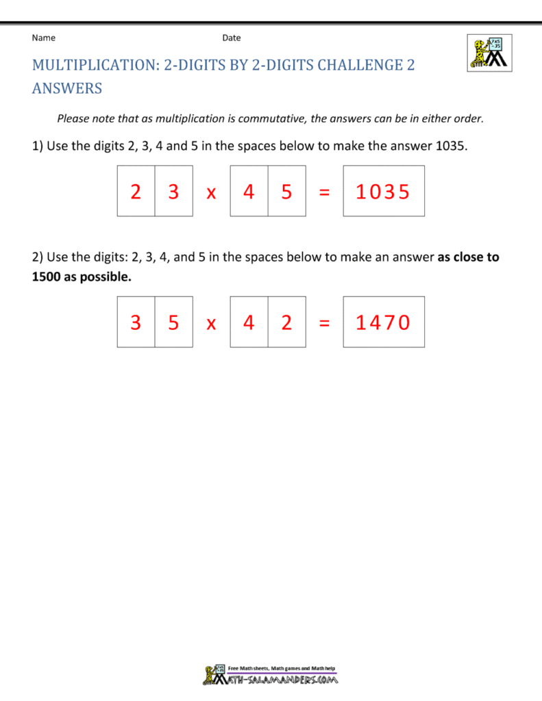 A two-digit multiplication challenge answer sheet shows 23 × 45 = 1035 and 35 × 42 = 1470, with prompts to use the digits 2, 3, 4, and 5.