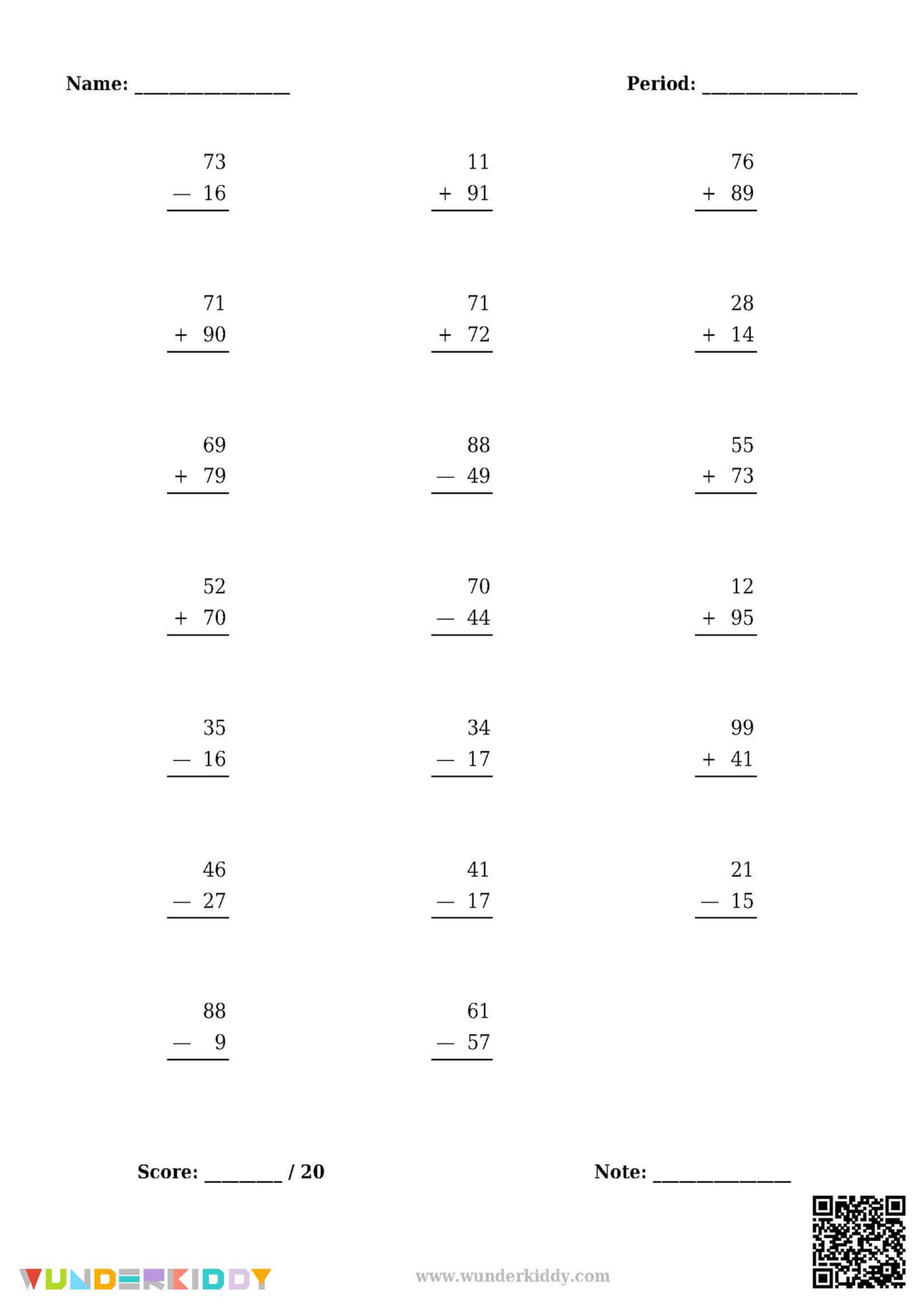 A two-digit addition and subtraction worksheet with 20 vertical arithmetic problems, name and period blanks, and score and note fields.