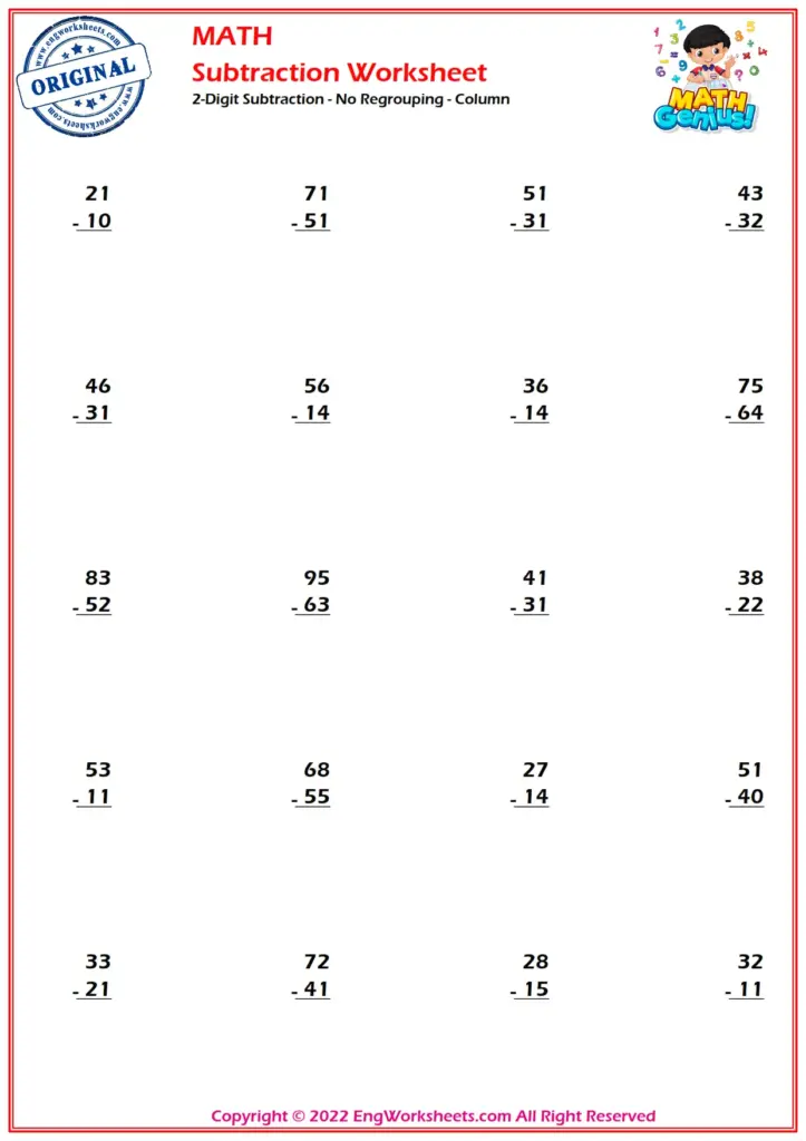 A math worksheet titled “Subtraction Worksheet” with rows of two-digit subtraction problems, including 21 − 10 and 71 − 51.