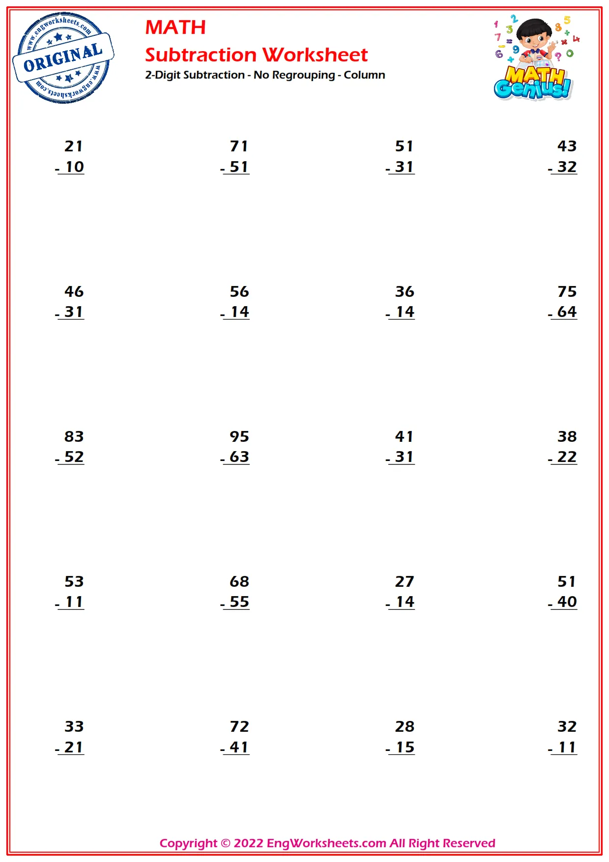 A math worksheet titled “Subtraction Worksheet” with rows of two-digit subtraction problems, including 21 − 10 and 71 − 51.
