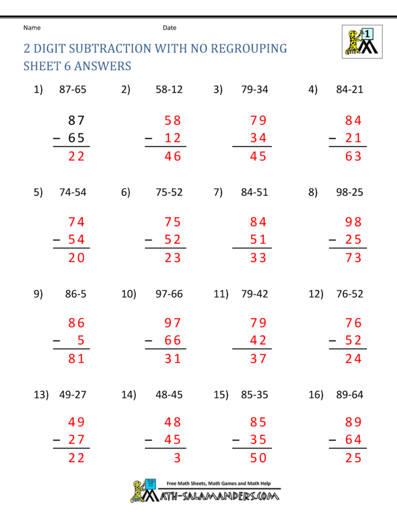 A two-digit subtraction answer worksheet with 16 vertical problems and red solutions, titled “2 Digit Subtraction with No Regrouping.”.