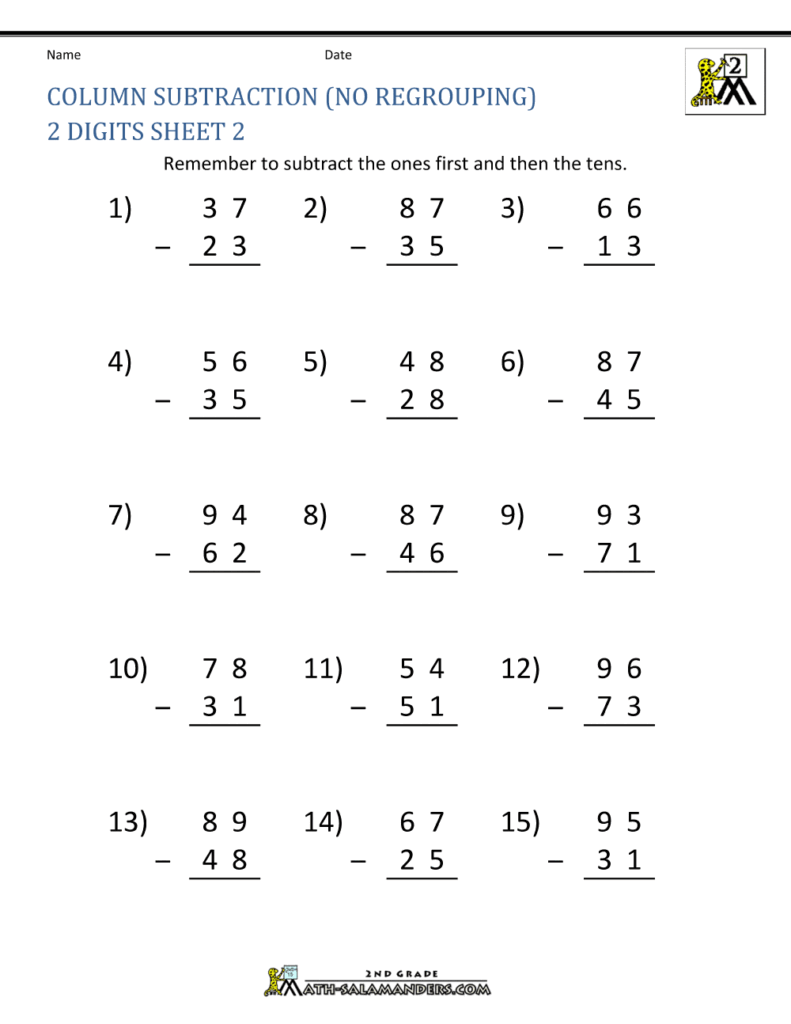 A two-digit subtraction worksheet with 15 vertical problems, name and date lines, and instructions to subtract the ones before the tens.
